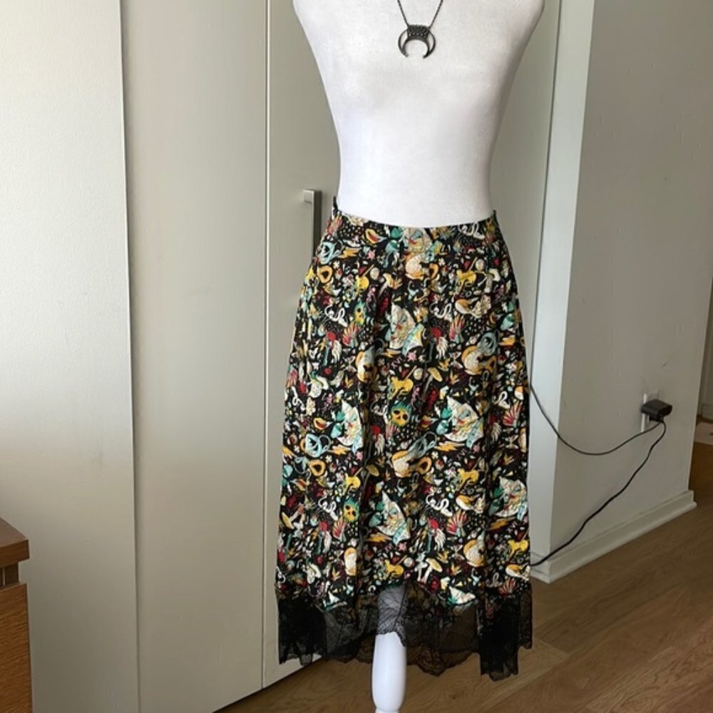 Zadig & Voltaire Skull Print High Low Midi Skirt Lace Hem Boho Gothic Designer - Picture 8 of 15